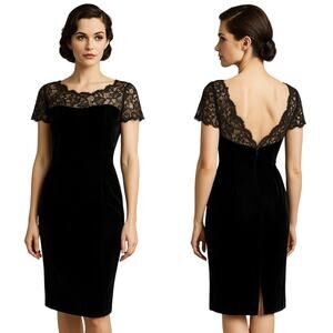 1960s Black Velvet Cocktail Dress with Lace Illusion Neckline – Unbranded large
